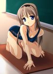  all_fours barefoot blue_eyes breasts brown_hair clannad classroom cleavage feet hairband hands highres indoors long_hair medium_breasts non-web_source norizou_type-r one-piece_swimsuit sakagami_tomoyo school_swimsuit smile solo swimsuit 