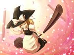  bad_id bad_pixiv_id blonde_hair braid broom broom_riding hand_on_headwear hat kirisame_marisa light_particles one_eye_closed sidesaddle solo tdk touhou witch_hat yellow_eyes 