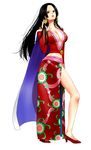  bad_id bad_pixiv_id black_hair boa_hancock breasts cape cleavage earrings full_body high_heels highres jewelry large_breasts legs long_hair long_skirt midriff miura one_piece red_skirt shoes simple_background skirt solo standing 