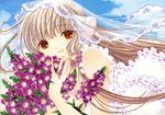  absurdres artbook blonde_hair bouquet brown_eyes chii chobits clamp day face fingernails flower frills hands highres jewelry light_smile long_hair official_art ring robot_ears scan sky smile solo traditional_media veil very_long_hair wind 