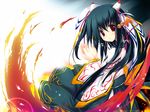  bell black_hair blush copyright_request fire glint green_hakama hair_ornament hakama highres japanese_clothes jingle_bell long_hair looking_at_viewer open_hands red_eyes solo tareme tenmu_shinryuusai wallpaper 