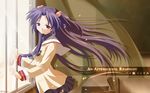  clannad hair_bobbles hair_ornament highres hikarizaka_private_high_school_uniform ichinose_kotomi long_hair school school_uniform solo two_side_up vector_trace wallpaper wind window 