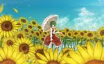  absurdres ascot bad_revision cloud day downscaled_revision field flower flower_field green_hair highres kazami_yuuka md5_mismatch modama nature parasol petals plaid plaid_skirt plaid_vest red_eyes short_hair skirt skirt_set solo sunflower touhou umbrella vest water 