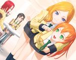  ashford_academy_uniform black_hair blonde_hair blue_eyes cheek_poking code_geass dutch_angle green_eyes kallen_stadtfeld milly_ashford multiple_girls nina_einstein orange_hair poking red_hair shirley_fenette tea uni you_gonna_get_raped 