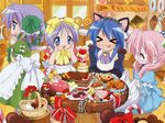  &gt;_&lt; alternate_hairstyle animal_ears basket bow cake candy candy_cane cat cat_ears chocolate chocolate_heart closed_eyes cookie doughnut dress feast food hair_rings heart highres hiiragi_kagami hiiragi_tsukasa izumi_konata long_hair lucky_star mole mole_under_eye multiple_girls pastry takara_miyuki tiramisu 