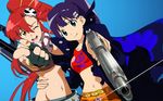  belt beretta_92 bikini_top blue_eyes fang fingerless_gloves gloves gun hair_ornament handgun highres jacket kiyal midriff multiple_girls non-web_source one_eye_closed pistol ponytail purple_hair red_hair scarf shorts tengen_toppa_gurren_lagann vector_trace wallpaper weapon yellow_eyes yoko_littner 