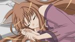  animal_ears bare_shoulders brown_hair fang highres holo long_hair md5_mismatch off_shoulder paperplate sleeping smile solo spice_and_wolf vector_trace 