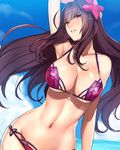  arm_up armpits ban bare_shoulders bikini breasts cloud day fate/grand_order fate_(series) flower from_below hair_flower hair_ornament hibiscus highres large_breasts looking_at_viewer navel ocean parted_lips purple_hair red_eyes scathach_(fate)_(all) scathach_(swimsuit_assassin)_(fate) sky solo swimsuit water 