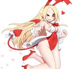  &gt;_o ;d alternate_breast_size bare_legs bare_shoulders bat_wings blonde_hair breasts covered_navel demon_tail detached_sleeves disgaea flonne flonne_(fallen_angel) full_body heart heart_background high_heels kuroonehalf large_breasts leotard long_hair looking_at_viewer one_eye_closed open_mouth pointy_ears red_eyes red_leotard red_wings ribbon sideboob signature simple_background smile solo tail tail_ribbon very_long_hair white_background wings 