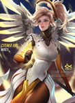  blonde_hair blue_eyes breasts citemer large_breasts mechanical_halo mechanical_wings mercy_(overwatch) overwatch pantyhose play_of_the_game ponytail solo spread_wings staff wings yellow_wings 