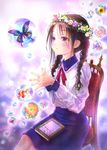  black_hair blush book braid brown_eyes bubble bug butterfly chair fish flower goldfish goto_p hair_flower hair_ornament head_wreath insect long_hair original school_uniform sitting solo twin_braids 