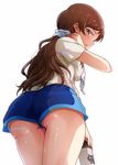  ass ayano_yuu_(sonma_1426) blush bottle brown_eyes brown_hair highres idolmaster idolmaster_million_live! kitazawa_shiho long_hair looking_back profile simple_background solo sweat thighs towel towel_around_neck water_bottle white_background 