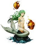  burning commentary doi_masayuki fins flat_chest floating_skull green_eyes green_hair highres mermaid mermaid_(shin_megami_tensei) monster_girl official_art scales shin_megami_tensei shin_megami_tensei_iv shin_megami_tensei_iv_final sitting_on_rock skull solo thighs water webbed_hands 