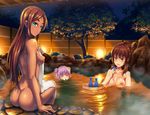  3girls ahagon_umiko air_bubble arm_at_side ass bangs bathing blunt_bangs blush breasts brown_hair bubble bucket choko_(cup) collarbone cup dark_skin double_bun eyebrows eyebrows_visible_through_hair floating floating_object from_behind green_eyes holding holding_cup jug long_hair looking_back medium_breasts mole mole_on_breast mouth_submerged multiple_girls new_game! night night_sky nipples nude onsen outdoors partially_submerged pink_hair plant rock shigatsu_itsuka short_hair sidelocks sitting sky soaking_feet star_(sky) steam suzukaze_aoba takimoto_hifumi thick_eyebrows tokkuri towel tree very_long_hair water wooden_bucket 