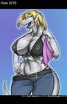  anthro big_breasts bikini bikini_top blonde_hair breasts clothing dragon erect_nipples female hair hand_on_hip horn jeans looking_at_viewer nipples pants renthedragon smile swimsuit wide_hips 