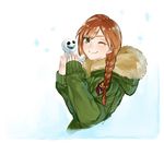  1girl anna_(frozen) braid contemporary frozen_(disney) hidaka_ajiko one_eye_closed orange_hair smile snowgie solo twin_braids upper_body winter_clothes 