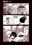  4girls 4koma anchor_print arm_over_shoulder bangs buster_sword comic commentary_request face_down fairy_(kantai_collection) final_fantasy final_fantasy_vii flower glasses ground hair_flower hair_ornament hairband hat kantai_collection kouji_(campus_life) labcoat long_hair lying military military_hat military_uniform monochrome multiple_girls neckerchief necktie on_stomach open_mouth parted_bangs peaked_cap pleated_skirt prototype_fat_type_95_oxygen_torpedo_kai sailor_hat school_uniform serafuku short_hair side_ponytail skilled_lookouts_(kantai_collection) skirt sunlight sweatdrop translated tree triangle_mouth twintails unconscious uniform 