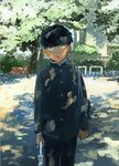  bag bench black_eyes black_hair bowl_cut dappled_sunlight expressionless gakuran half-closed_eyes kageyama_shigeo long_sleeves male_focus minahamu mob_psycho_100 outdoors school_uniform solo standing sunlight tree umbrella 