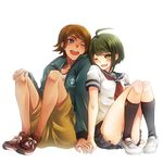  1girl ;d ahoge asagi_nanase asahina_yuuta black_legwear danganronpa green_eyes holding_hands jacket kneehighs loafers lowres naegi_komaru one_eye_closed open_mouth panties school_uniform shoes short_hair shorts side-by-side smile sneakers striped striped_panties track_jacket underwear zettai_zetsubou_shoujo 