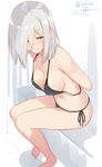  arms_behind_back artist_name bare_arms bare_legs bare_shoulders barefoot bikini black_bikini black_ribbon blue_eyes blush breasts cleavage closed_mouth collarbone from_side frown hair_ornament hair_over_one_eye hairclip hamakaze_(kantai_collection) isshiki_(ffmania7) kantai_collection large_breasts leaning_forward looking_to_the_side ribbon side-tie_bikini signature silver_hair sitting solo swimsuit tying untied untied_bikini wavy_mouth 