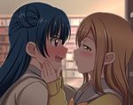  @_@ blue_hair blush brown_eyes brown_hair commentary_request face-to-face flustered hair_bun hands_on_another's_cheeks hands_on_another's_face hoshino_ouka imminent_kiss kunikida_hanamaru long_hair looking_at_another love_live! love_live!_sunshine!! multiple_girls open_mouth profile purple_eyes school_uniform serafuku sweat tsushima_yoshiko uranohoshi_school_uniform yuri 