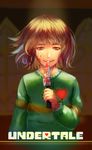  androgynous blood blood_on_face bloody_clothes bloody_hands bloody_knife brown_hair chara_(undertale) chromatic_aberration copyright_name evil_smile heart heiyao highres knife open_mouth red_eyes smile solo spoilers spotlight striped striped_sweater sweater teeth undertale upper_body window 
