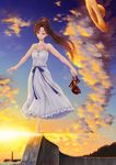  bare_shoulders barefoot brown_hair collarbone dress hat high_heels highres holding holding_shoes light long_hair original ponytail red_eyes sandals sandals_removed shigatsu_itsuka shoes shoes_removed solo straw_hat sunset twilight 