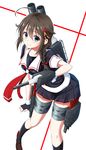  black_serafuku black_skirt blouse blue_eyes braid brown_hair cannon full_body hair_flaps hair_ornament hair_over_shoulder hair_ribbon highres kantai_collection machinery neckerchief pleated_skirt red_neckwear remodel_(kantai_collection) ribbon school_uniform serafuku shigure_(kantai_collection) single_braid skirt solo torpedo turret yammy 