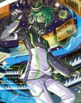  2d acidmond black_gloves cowboy_shot fingerless_gloves gas_mask gloves green_eyes green_hair holographic_interface instrument keyboard_(instrument) looking_at_viewer lowres male_focus official_art show_by_rock!! solo stereo 