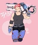  biceps gun highres muscle muscular_female one_eye_closed over_shoulder overwatch pink_hair pk4g scar solo tank_top tattoo weapon weapon_over_shoulder zarya_(overwatch) 