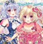  :d alternate_costume bare_shoulders blonde_hair blue_bow blue_hair blush bow breasts brooch choker collarbone commentary_request dress fang flandre_scarlet floral_print frilled_shirt_collar frills hair_bow jewelry leaning_forward looking_at_viewer medium_breasts multiple_girls open_mouth pekopokox puffy_short_sleeves puffy_sleeves red_bow red_eyes remilia_scarlet short_sleeves siblings side_ponytail sisters sleeveless smile touhou upper_body 