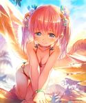  all_fours angel_wings beach bikini blue_sky breasts choker cleavage collarbone company_name day feathers flower hair_flower hair_ornament heart igarashi_youhei looking_at_viewer lyrian_(shingeki_no_bahamut) official_art outdoors pink_eyes pink_hair seashell shell shingeki_no_bahamut sky small_breasts smile solo sunlight swimsuit two_side_up v_arms water wet wings wristband 
