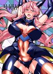  arms_up ass_visible_through_thighs blue_eyes blush bodysuit breasts cleavage_cutout cover cover_page covered_navel covered_nipples doujin_cover elbow_gloves garter_straps gloves headgear kanten large_breasts long_hair maria_cadenzavna_eve open_mouth pink_hair senki_zesshou_symphogear shiny shiny_clothes shiny_skin skin_tight skindentation solo sweat thick_thighs thighhighs thighs tongue very_long_hair 
