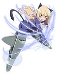  animal_ears anime_coloring blonde_hair cat_ears cat_tail electricity highres long_hair looking_at_viewer military military_uniform open_mouth pantyhose perrine_h_clostermann solo strike_witches striker_unit sword tail tirotata transparent_background uniform weapon world_witches_series yellow_eyes 