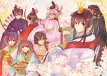  :o akagi_(kantai_collection) akebono_(kantai_collection) alternate_costume arrow asagumo_(kantai_collection) bell black_hair blue_eyes bow braid brown_eyes brown_hair cherry_blossoms fan floral_background flower glasses green_eyes hair_bell hair_flaps hair_flower hair_ornament hair_ribbon headgear hinamatsuri japanese_clothes jingle_bell kaga_(kantai_collection) kantai_collection long_hair looking_at_viewer multiple_girls musashi_(kantai_collection) open_mouth paper_fan purple_eyes purple_hair remodel_(kantai_collection) ribbon saishi shigure_(kantai_collection) short_hair side_braid side_ponytail silver_hair smile twintails yamato_(kantai_collection) yanami 