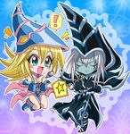  1boy 1girl bare_shoulders blonde_hair chibi dark_magician dark_magician_girl duel_monster female green_eyes hat long_hair magical_girl skirt smile solo spoon wizard_hat yu-gi-oh! 