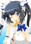  black_hair blue_eyes blue_ribbon blush breasts cleavage dungeon_ni_deai_wo_motomeru_no_wa_machigatteiru_darou_ka eating eyebrows eyebrows_visible_through_hair food gloves hair_ribbon hestia_(danmachi) hot large_breasts long_hair one_eye_closed popsicle rei_no_himo ribbon silky_(silky_alice) solo sweat twintails white_gloves 