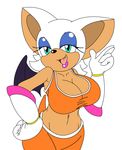  anthro armpits bat big_breasts blue_eyes bra breasts cleavage clothed clothing female gloves hair hi_res mammal michiyoshi midriff navel open_mouth rouge_the_bat simple_background smile solo sonic_(series) sports_bra underwear white_background white_hair wings 