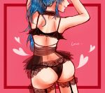  1girl alternate_hairstyle arms_up ass back bat_wings black_legwear black_panties blue_hair chidori_kaname cowboy_shot frame full_metal_panic! garter_straps heart lace lingerie lips panties pink_background ponytail shiki_(the-sleeping-snow-white) simple_background smile solo standing underwear underwear_only wings 