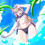  aduare_mi animal_ears bikini black_bikini blonde_hair blue_eyes blue_sky breasts cleavage cloud crusaders_quest day large_breasts long_hair lupeow_(crusaders_quest) open_mouth sky solo swimsuit water wolf_ears 