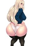  ass black_legwear blonde_hair blush breasts cameltoe eyebrows from_behind huge_ass kuchibue_(tanima_club) long_hair looking_at_viewer looking_back medium_breasts o-ring o-ring_bottom open_mouth original panties purple_eyes ribbed_sweater shiny shiny_hair shiny_skin sideboob simple_background smile solo sweater thick_eyebrows thick_thighs thighhighs thighs trefoil underwear white_background 