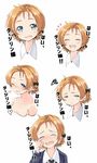  1girl :/ ^_^ amai_nekuta black_bow blue_eyes blush bow braid closed_eyes closed_mouth collarbone collared_shirt crying expressions girls_und_panzer hair_bow head_tilt heart highres multiple_views necktie one_eye_closed orange_hair orange_pekoe shirt squiggle st._gloriana's_school_uniform translated white_background wing_collar 