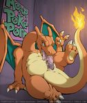  animal_genitalia anus autofellatio blue_eyes charizard cum cum_in_mouth cum_in_own_mouth cum_inside cum_on_penis cum_on_self cum_on_slit dark_nek0gami english_text erection front_view genital_slit horn long_neck looking_at_viewer male masturbation membranous_wings messy naughty_face nintendo one_leg_up oral penis pok&eacute;mon reclining scalie slightly_chubby slit solo spread_wings text tongue tongue_out uncut video_games wings 