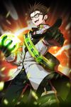  ball black_gloves brown_hair comiccho eric_(soccer_spirits) glasses gloves glowing green_eyes jpeg_artifacts looking_at_viewer male_focus open_mouth pointing sash soccer_spirits solo standing star 