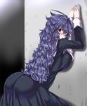  :o against_wall ahoge ass bent_over black_dress blue_hair blush breasts commentary_request dress kuon_yashiro large_breasts long_hair long_sleeves looking_at_viewer messy_hair nun original red_eyes solo 