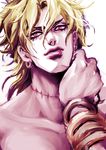  blonde_hair dio_brando earrings hand_on_own_neck jewelry jojo_no_kimyou_na_bouken male_focus md5_mismatch musubi_(livnehe) red_eyes scar shirtless signature solo stardust_crusaders upper_body wrist_cuffs 