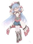  :d blue_hair blush boots ciel_nosurge dated detached_sleeves full_body glasses hat head_tilt kureudon long_hair long_sleeves number open_mouth pantyhose pleated_skirt sarly_planck simple_background skirt smile solo surge_concerto very_long_hair white white_background 