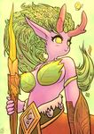  antlers arthropod blush breasts butterfly cervine deertaur female green_hair hair heroes_of_the_storm horn insect lunara_(character) mammal mesperal solo taur yellow_eyes 