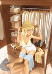  2016 artist_name barefoot blonde_hair breasts cat cleavage closed_mouth closet clothes_hanger collarbone eyebrows eyebrows_visible_through_hair groin hand_on_headwear hat highres indoors large_breasts long_hair mirror number original panties panties_removed reflection sitting solo sun_hat tan tanline throtem underwear undressing white_panties 