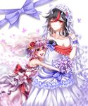  :d ;( absurdres alternate_costume bad_id bad_pixiv_id bare_shoulders black_hair blue_dress blue_wedding_dress blush bouquet bridal_veil chinese_commentary collaboration collarbone commentary_request crescent crescent_hair_ornament dress flower hair_flower hair_ornament height_difference highres horns hug kijin_seija lace mixed-language_commentary multicolored_hair multiple_girls off-shoulder_dress off_shoulder open_mouth partial_commentary pink_dress pink_wedding_dress purple_eyes purple_hair red_eyes red_flower red_hair red_rose rose sheya short_hair smile strapless strapless_dress streaked_hair sukuna_shinmyoumaru touhou veil wedding_dress white_dress white_hair wrist_cuffs yudaoshan 